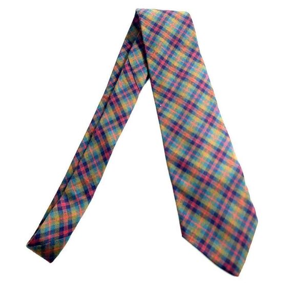 Gap Rayon Wool Plaid Green Blue Red Yellow Rayon Wool Mad In USA Tie - Picture 6 of 6